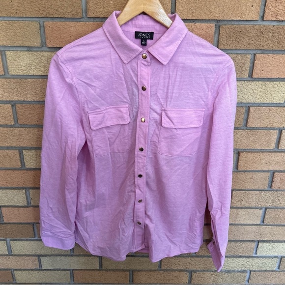 NWT Jones New York Women's Stretch Chambray Snap Front Knit Shirt Pink Size S - Picture 4 of 11